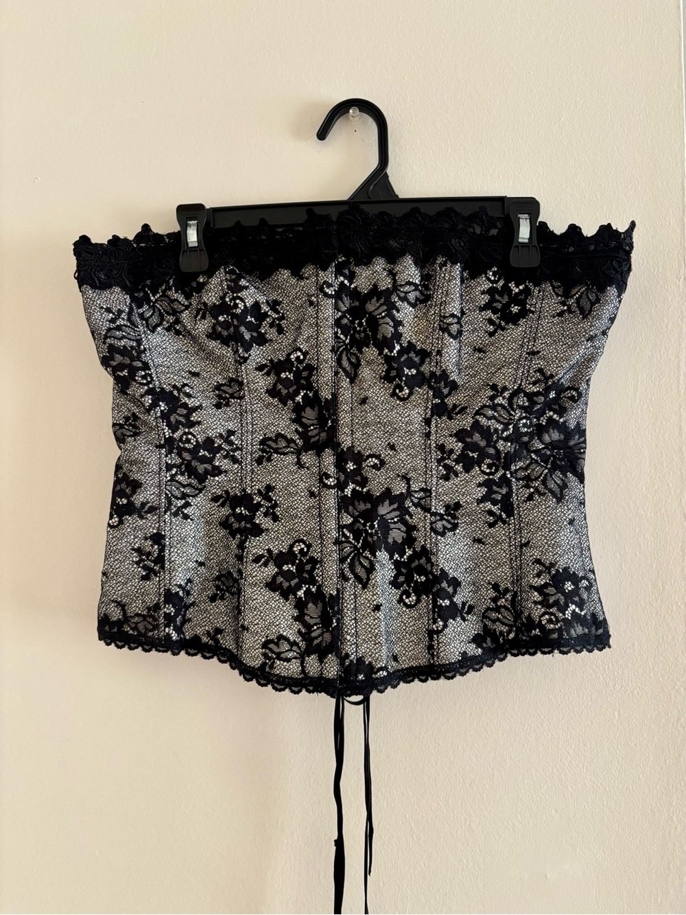 Frederick's of Hollywood Black Lace-Overlay Silver Strapless Corset